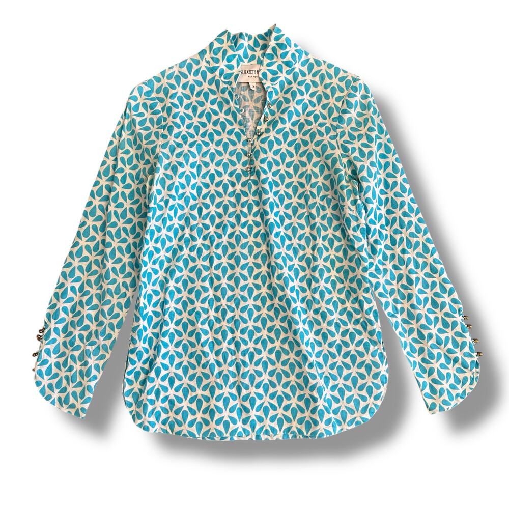 Elizabeth McKay Linen Blouse‎ Women’s 2 Blue White Geometric Long Sleeve Top